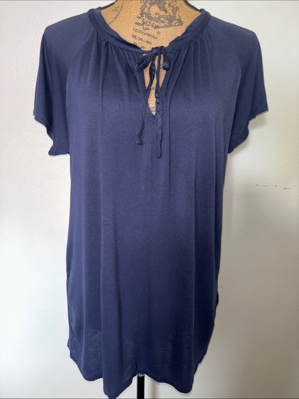Women’s Navy Tie-Neck Short Sleeve Top